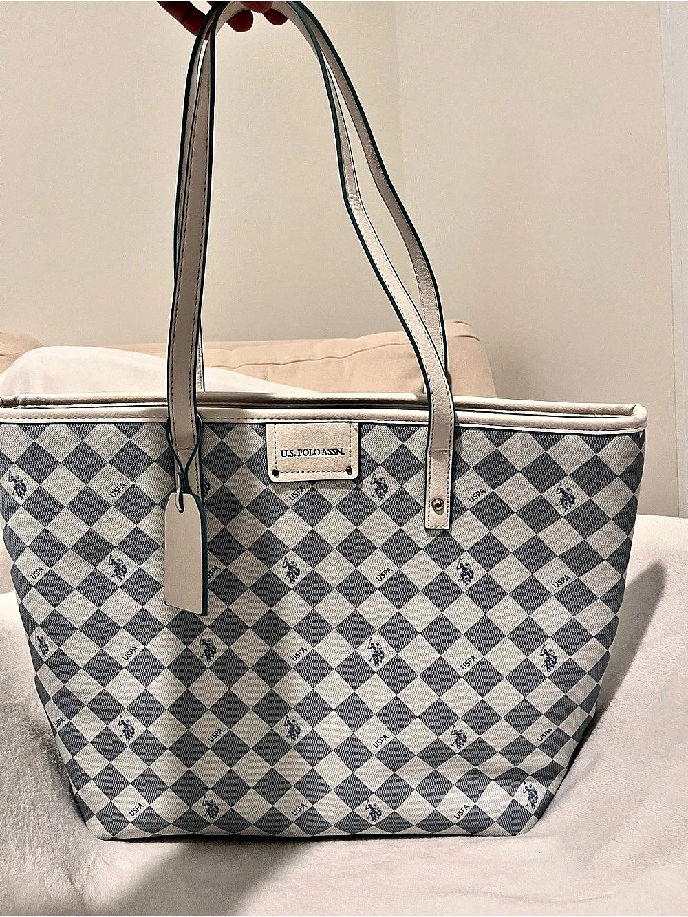 US Polo Assn Geometric Tote in Blue & White
